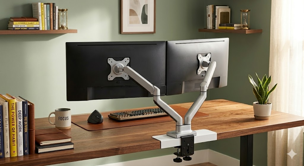 Single and dual ergonomic monitor arms on an office desk