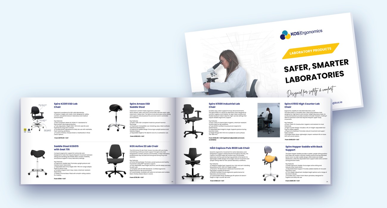 The KOS Ergonomics Safer, Smarter Laboratories brochure, shown open at the lab seating pages