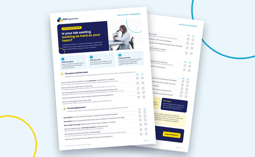 The KOS Ergonomics Lab Task Seating Review Checklist, two printed pages